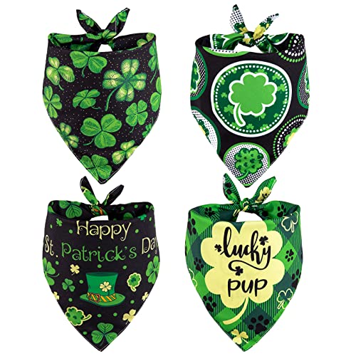 Whaline 4 Pack St Patrick's Day Dog Green Bandanas, Clover Triangle Bibs Scarf Shamrock Adjustable Neckerchief for Dog Cats Pets Animals or Facial Neck and Headbands