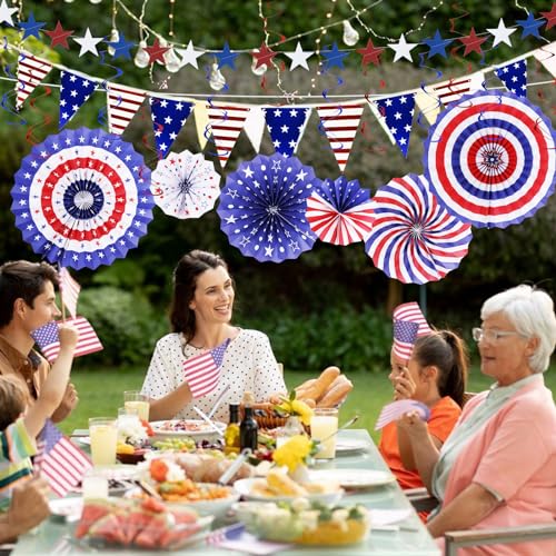 Image of 20Pcs 4th /Fourth of July Patriotic Decorations Set Independence Day Decor Red White Blue Paper Fans USA Flag Pennant Star Streamer Hanging Swirls Party Decor Supplies for Memorial Day, Flag Day