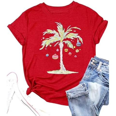 Christmas Shirts Women Christmas in July Shirt Palm Tree Hawaiian Holiday Tee Shirts Vacation Beach Party Shirt (Red,S) Cover