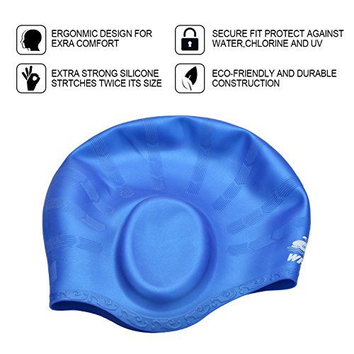 image for Whale Cover Ears Swim Caps for Long Hair 100% Silicone Swimming Hat fo