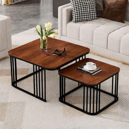 Brown Art SHOPPEE Square Coffee Table Home Décor Furniture Coffee Table Sets,2 Piece MDF Top,Stacking Nesting Table with Iron Frame for Living Room Living Room or Lounge (Brown Black)