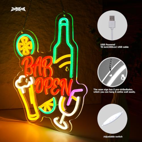 Image of Bar Open Neon Sign for Wall Decor Open Beer Home Bar LED Light Smart plug timer compatible USB-Powered Pub Party Man Cave Art Decor(12.6x15.7 Inch)