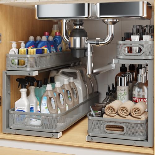 Image of 2 Pack 21.3IN-Depth Under Sink Organizer with Smooth Cylindrical Rail,2-Tier Pull Out Multi-Purpose Cabinet Storage for Bathroom&Kitchen,Height Adjustable,Rust-Resistant Coating-Gun Gray