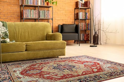 EORC Red and Natural Hand-Knotted Wool Floral Rug Elegant Area Rug for Adding Classic Charm and Warmth to Your Living Room, Bedroom, or Home Décor