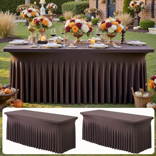 Image of NSSONBEN 2 pk Brown Spandex Tablecloth for 6 Foot Rectangle Tables,Wrinkle Free Fitted Spandex Table Covers 6ft Coffe Stretch Table Cloths with Ruffle Skirt for Parties Weddings Banquet Baby Shower