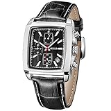 BAOGELA Men's Chronograph Square Sport Dress Quartz Wrist Watch All Black Leather Band White Line Silver Case Date Waterproof Watches for Men