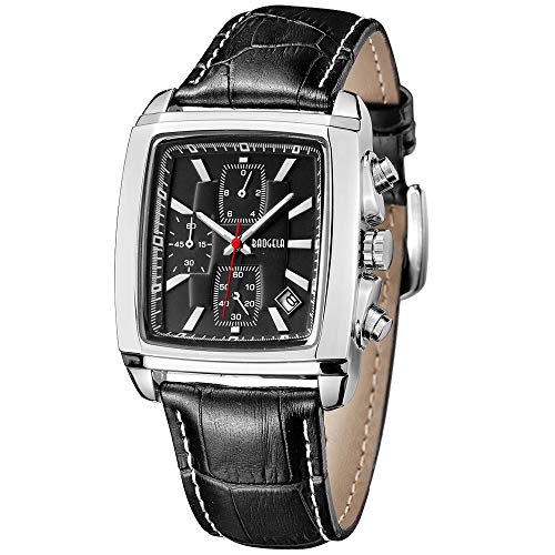 BAOGELA Men's Chronograph Square Sport Dress Quartz Wrist Watch All Black Leather Band White Line Silver Case Date Waterproof Watches for Men