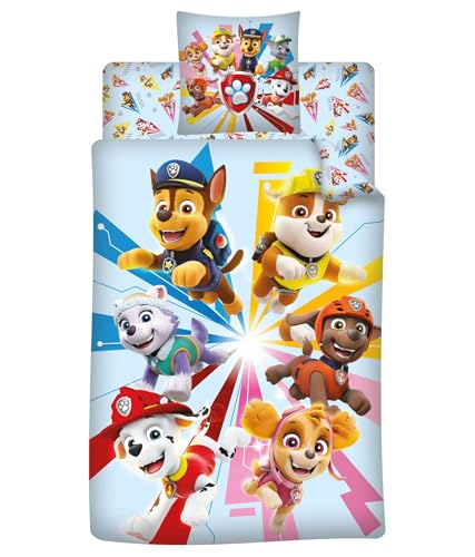 Aymax Parure de lit 3 Pièces Pat' Patrouille - Housse de Couette 140x200 cm + Taie d'oreiller 63x63 cm + Drap-Housse Assorti 90x190 cm (Bleu)