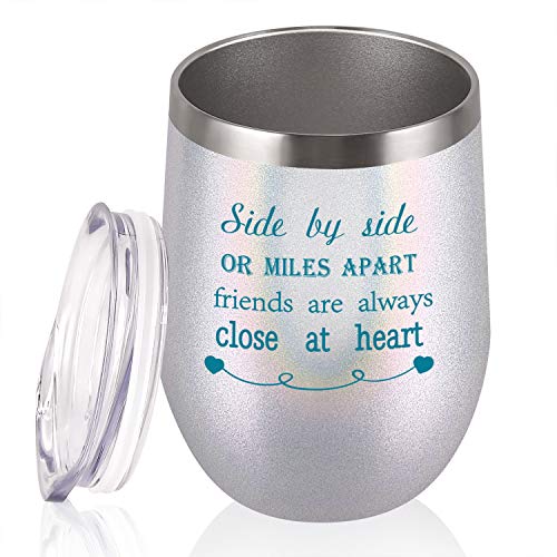 Side By Side or Miles Apart Friends Are Always Close at Heart Wine Tumbler with Lid and Straw, 12 Oz Stainless Steel Wine Tumbler Ideas for Friends Girlfriend Coworker, Glitter Pearl White