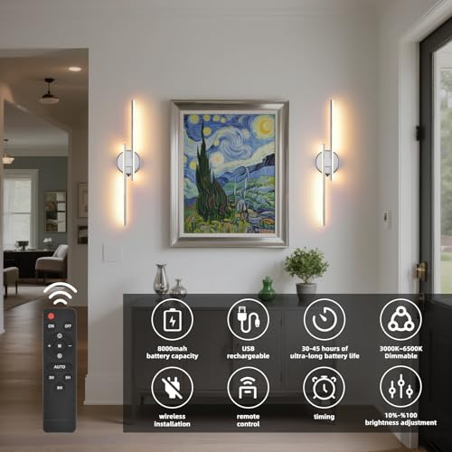 Image of Rechargeable Battery Operated Wall Sconce Set Of Two, Chrome Wireless LED Wall Sconces With Remote Control, Dimmable 3 Colors Cordless wall lights for Living Room, bedroom, Hallway, 23.6 Inch ( 2pcs)