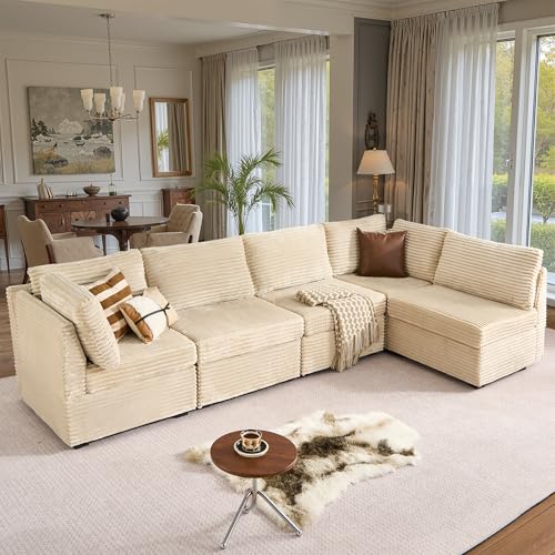 Image of ovios Modular Sectional Sofa Couch with U-Shape Chaise Oversized, Comfy Plush Corduroy Cloud Couches, Modern Luxury Deep Seat Sofas Set for Living Room, 5-Seater, Beige