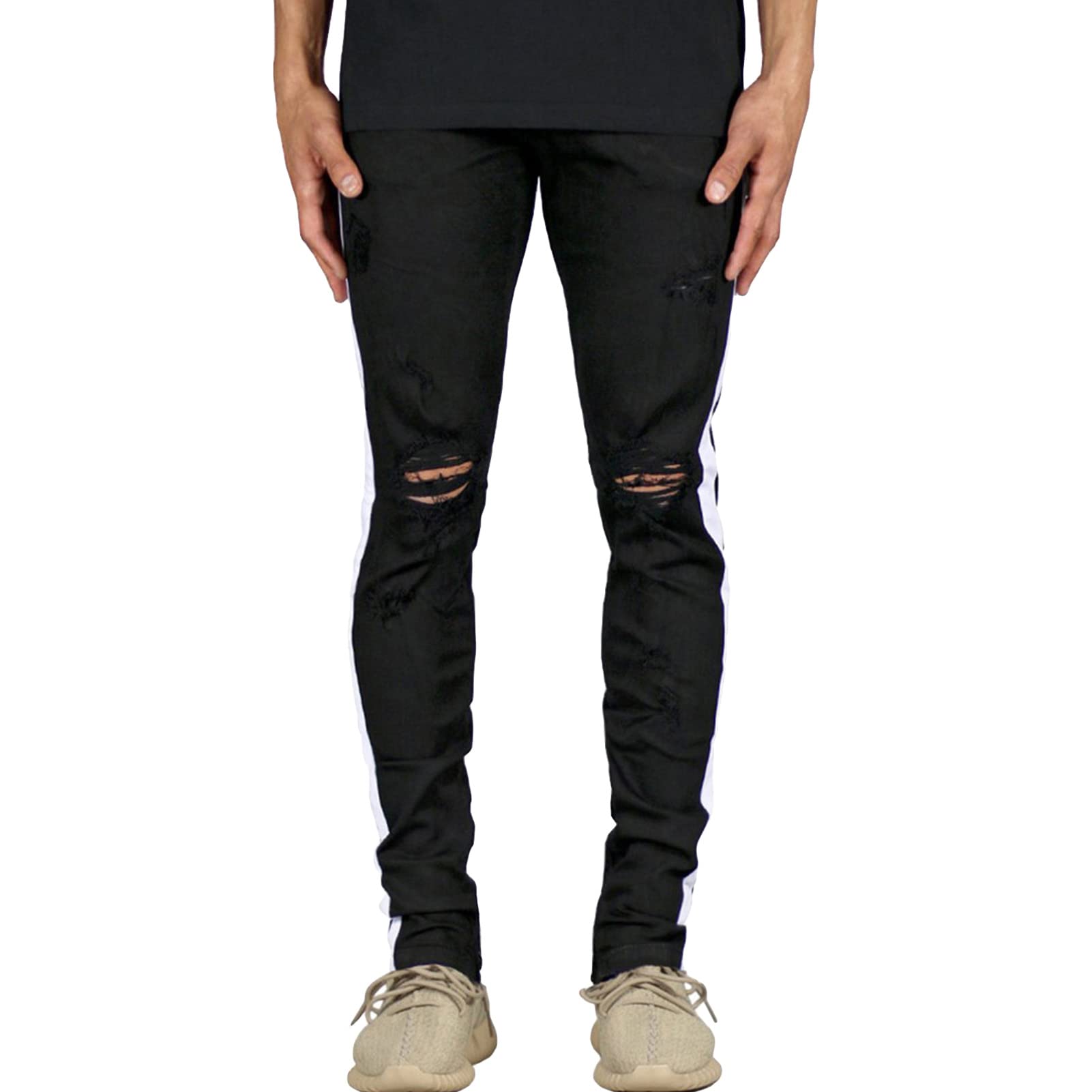 Maiyifu-GJ Men's Side Striped Slim Fit Jeans Destroyed Ripped Skinny Denim Pencil Pants Ripped Hip Hop Ankle Zipper Jean (Black,31)