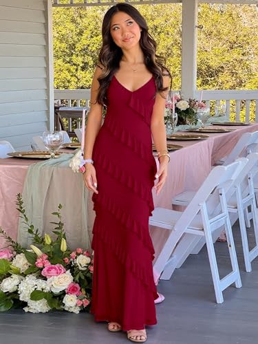 Image of HOCILLE Women's Sexy V Neck Backless Bodycon Spaghetti Strap Elegant Ruffle Maxi Cocktail Party Dresses