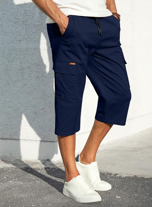 JMIERR Mens Casual Twill Cargo Shorts Cotton Drawstring Classic Cargo Stretch Short Below Knee 13 Inches with 6 Pockets
