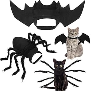 1 x mittelgroße Haustier-Spinnen-Kostüm und 1 x Haustier-Katzenfledermausflügel, niedliches Halloween-Cosplay-Kostüm für Kätzchen, Welpen, Katzen
