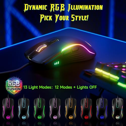 Image of memzuoix Wired Gaming Mouse with RGB - 6 Adjustable DPI up to 12800, 6 Buttons, 12 Lighting Modes, Ergonomic Design with Anti-Slip Rubber Wheel, 5.6ft Braided Cable for PC /Mac /Windows - Black