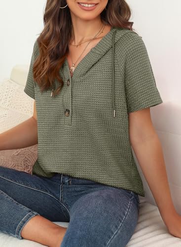 Image of Dokotoo Womens Summer Tops Waffle Knit Short Sleeve Lightweight Drawstring Hoodies Button V Neck Casual Blouses Shirts