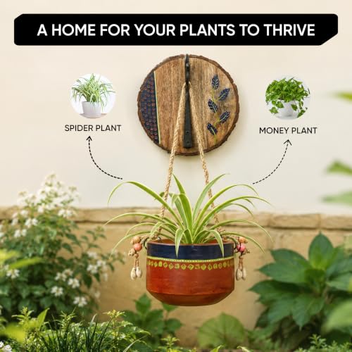 Image of AAKRITI ART CREATIONS Wall Hanging Planter with Hook | Blue & Brown Earthen Planter on Round Wooden, Modern Art, Matte Finish | Metal, Terracotta & Wood | Decor Hanging Pot for Indoor & Outdoor