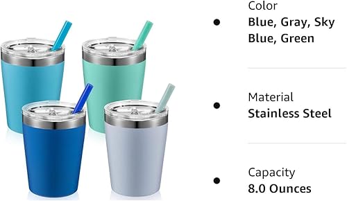 Miniatura 8 de Juego de 4 vasos para niños pequeños con pajitas y tapas, vasos aislados de acero inoxidable para niños, a prueba de derrames, de doble pared al