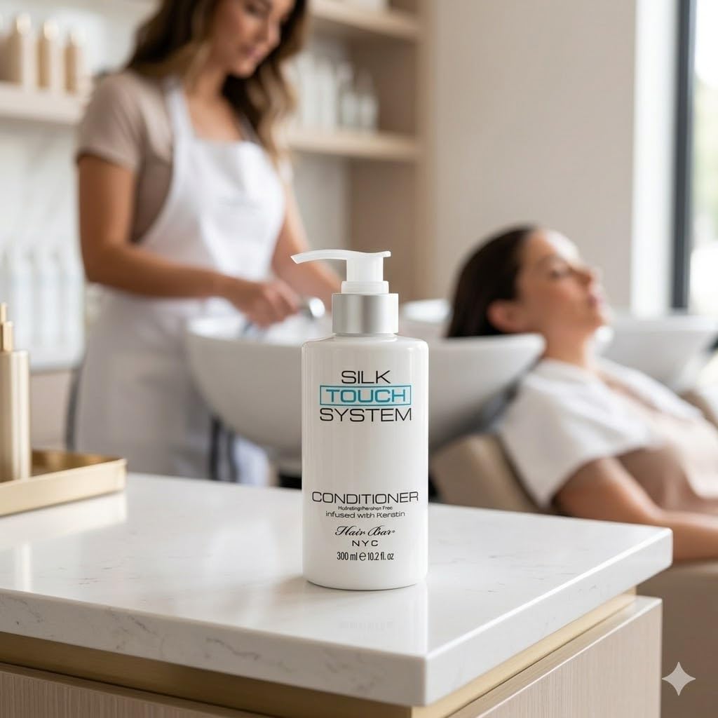 Hair Bar NYC Silk Touch System Conditioner: Lightweight Anti-Frizz Keratin Conditioner Treatment, infused with Biotin and Anti-Thinning properties. Provides 10.2oz (300ml) reducing frizz and thinning