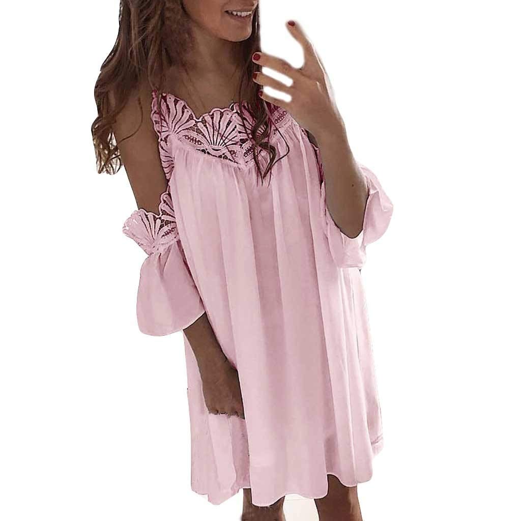 Weant Womens Dress Summer Sexy Off Shoulder Lace Patchwork Casual Loose Mini Tunic T-Shirt Dress for Ladies Teen Girls Fashion Holiday Beach Sundress Evening Party Dress Cocktail S-XL