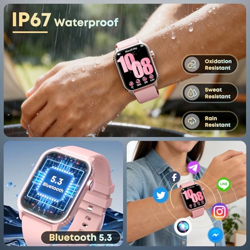 Image of Smart Watches for Women Men, 120 Sports Modes Smartwatch with 1.83 inches HD Display, Heart Rate /Sleep Monitor, IP67 Waterproof, Bluetooth Call & Music Control for iPhone /Android (Pink)