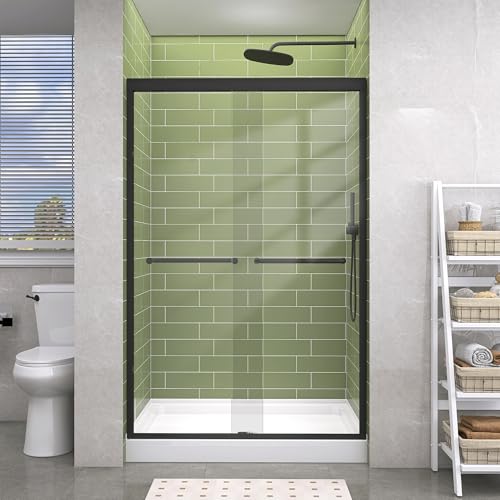 GETPRO Sliding Shower Door 44-48 in. W x 72 in. H Semi-Frameless Bypasss Double Sliding Glass Shower Doors,1/4 inch Clear Tempered Glass Door for Walk-in Shower Matte Black