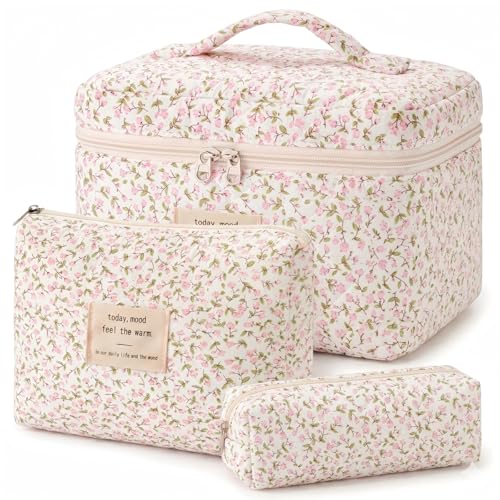 3er Set Kosmetiktasche kulturtasche Damen mit Blumenmuster Gesteppte kulturbeutel Make Up Tasche Reise Tragbare Schminktasche Makeup Bag für Mädchen Frauen Organizer Waschtasche