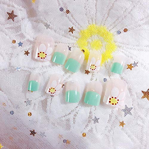 DCJ® Falschnägel 24 Stück künstliche Kunstnägel, Flache französische Nägel, grüne Blumen-Kunstnägel mit Nagelmaterial… – Bild 3