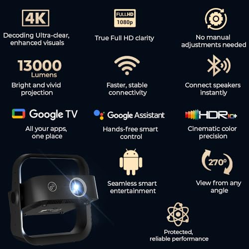 Image of Wzatco Yuva Go Ultra, Google TV Official, Native 1080P Projector, 13000 Lumens, Fully Automatic, Sealed Engine, ARC, Chromecast, Home Cinema, Black