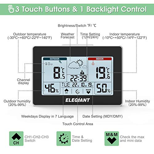 ELEGIANT Wireless Weather Station, Digital Thermometer Hygrometer, Indoor Outdoor Temperature