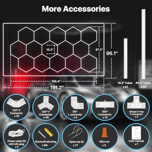 hyperlite gen 2 hexagon garage lights 624w 62400lm 15 grids hexagon led lights 6500k ultra bright honeycomb hex lights easy install durable design for garage car detailing workshops gym