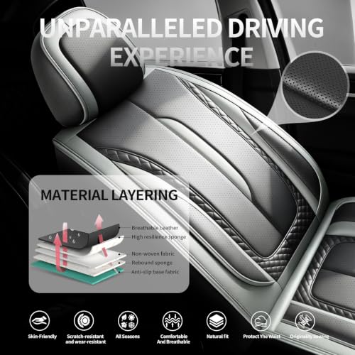 Image of Fit Outback Car Seat Covers Compatible with Subaru Outback 2010-2025 2026 - Premium Breathable Leather,Airbag Compatible,Waterproof All-Weather Seat Cushion Protector, 2 Front Seat Gray&Black
