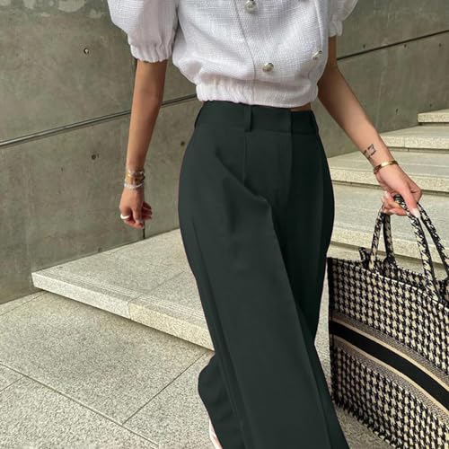 Image of Aahwan Solid Dark Green Loose Fit Wide Legs Korean Baggy High Rise Pants for Women's & Girls' with Pocket
