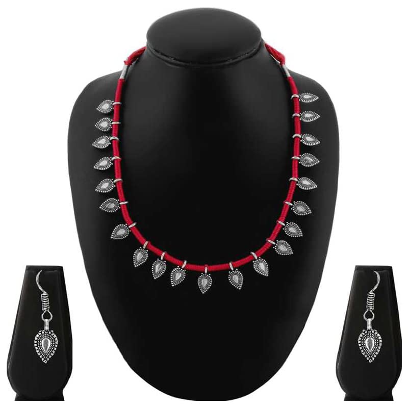 Image of Yellow Chimes Women and Girls Traditional Silver Oxidised Choker Jewellery Set - Black