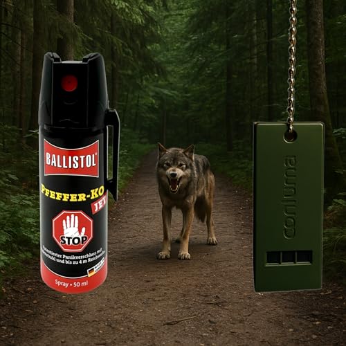 Pfefferspray mit Panikverschluss 50ml – KO-Spray & Tierabwehrspray zur Selbstverteidigung mit 4m Reichweite – Sicherheits-Set inklusive lauter Signalpfeife (1)