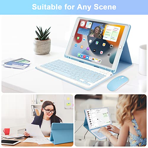 Image of SOPPY Bluetooth Keyboard Case with Mouse for iPad 9th Gen 2021, 8th Gen 2020, 7th Gen 2019 10.2 inch, Air 3 & Pro 10.5 inch, Detachable Wireless Keyboard, Slim Protective Cover, Rechargeable, Blue