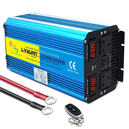 Cantonape Power Inverter 3000W/6000W Pure Sine Wave Car Inverter DC 24V to AC 230V 240V Converter With wireless Remote Control, dual AC outlets, Dual cooling fans &1 USB Port for RV Truck Car