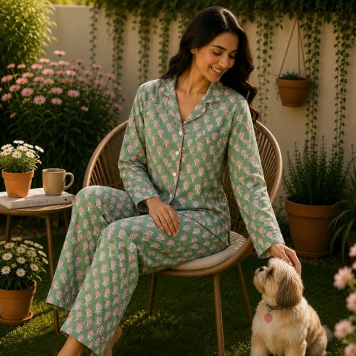 Image of Huar Women Pajama Set, 4 pcs Button Down Vacation Beach Cotton Set, Lounge wear PJ Set For Birthday