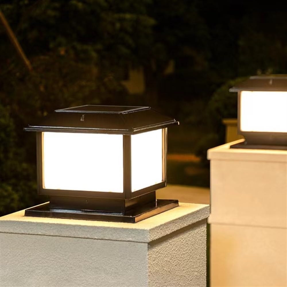 Solar Square Column Lights IP54 Waterproof Safety Pillar Lamp Villa Gate Landscape Aluminum Street Lantern Palace Retro Decoration Outdoor Courtyard Door Patio Garden Post Light (Black 50cm)