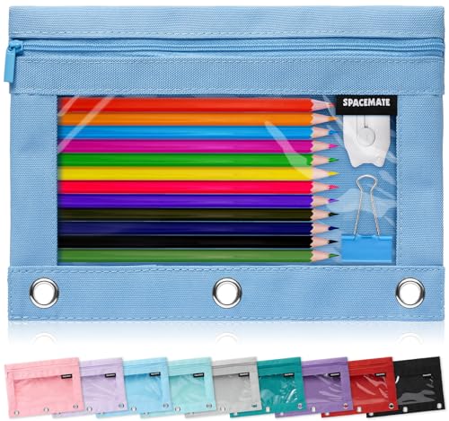 Image of SPACEMATE Pencil Pouch for 3 Ring Binder, Clear 3-Hole Zipper Pencil Case | Metal Grommets, School Supplies Organizer for Girls, Boys & Kids, Preppy Aesthetic Style, 1 Pack, Cornflower Blue