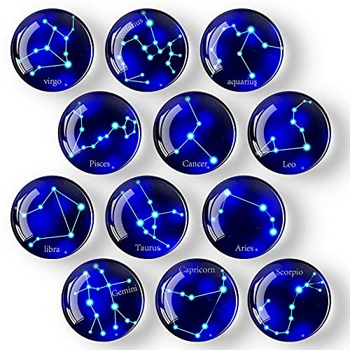 COSOW 12Pcs Glass Strong Magnetic Refrigerator Magnet Fridge Sticker - Round Constellation Glass Fridge Decoration, Office Whiteboard Magnet, Dishwasher Magnet, Cabinet Cute Locker Magnet