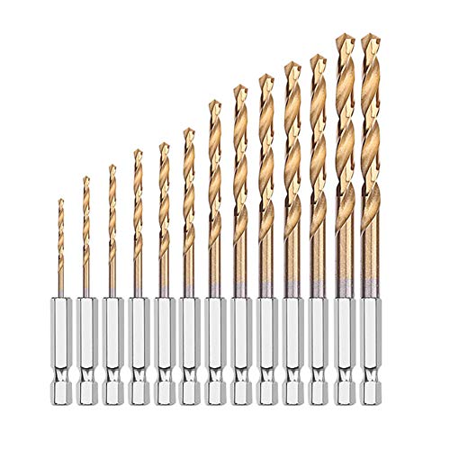 Titanium Twist Drill Bit Set - 13 Pcs Hex Shank High Speed Steel for Wood Plastic Aluminum Alloy, Quick Change, 1/16