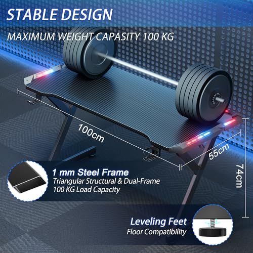 DLONGONE 120 x 60cm Gaming Desk with LED Lights, Computer Gaming Table, Sturdy PC Desk for Home Office, Gamer Table with Headphone Hook and Cup Holder, Black - Image 4