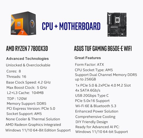 Image of MICRO CENTER AMD Ryzen 7 7800X3D CPU Processor Bundle with ASUS TUF Gaming B650E-E WiFi AM5 ATX Motherboard (DDR5, PCIe 5.0 Ready, 3X M.2, Wi-Fi 6E, USB 20Gbps Type-C)