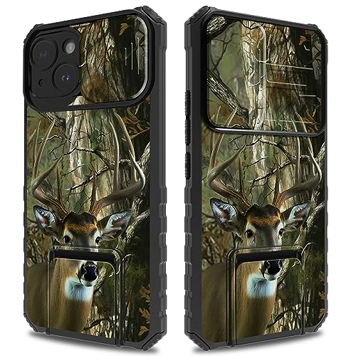 Coque iPhone 14 camouflage forêt motif cerf avec béquille intégrée et protection caméra