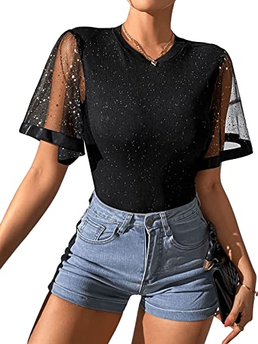 GORGLITTER Damen Elegant T-Shirt mit Glitzer Oberteil Mesh Ärmel...