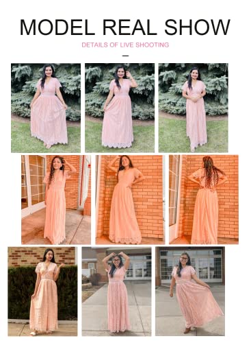 Bdcoco Women's V Neck Floral Lace Wedding Dress Short Sleeve Bridesmaid Evening Party Maxi Dress Pink Peach #TOP3