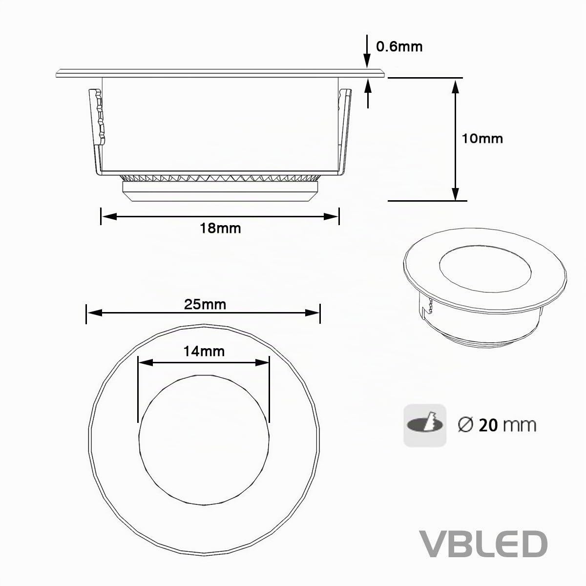VBLED® LED Mini Bad-Einbauleuchte 9er KIT, rostfreier Edelstahl, IP67 wassergeschütz (starkregensicher), 0,3W, 15 lm, WW (3000K) (9er Set WW mit Trafo 12V, 12W IP67)…