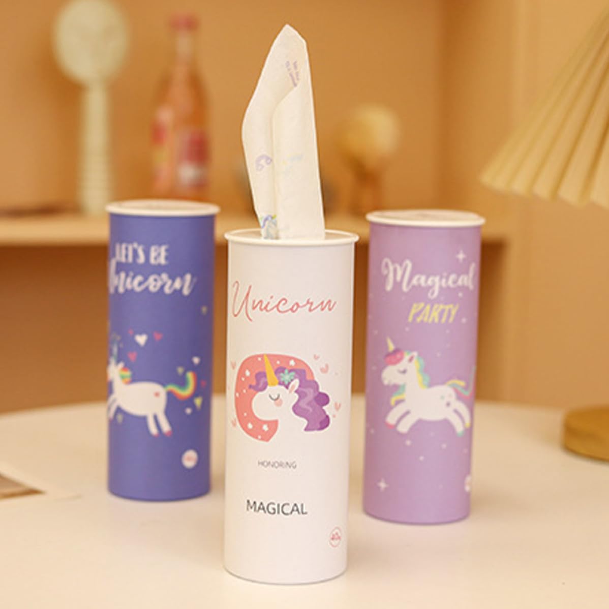 Garneck Taschentuchbox fürs Auto mit Niedlichen Einhorn Motiven 3 Stück Packung Runde Zylinderform aus Native Holzfaserpapier Praktisch für Unterwegs